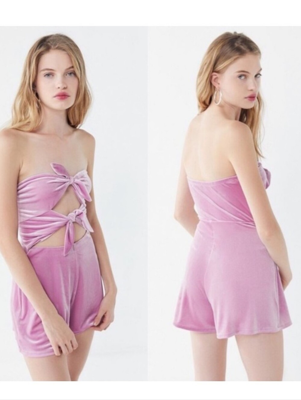 NWT Urban Outfittera Velvet Bow-Front Cut Out Tube Top Romper - Pink XS - Picture 2 of 8